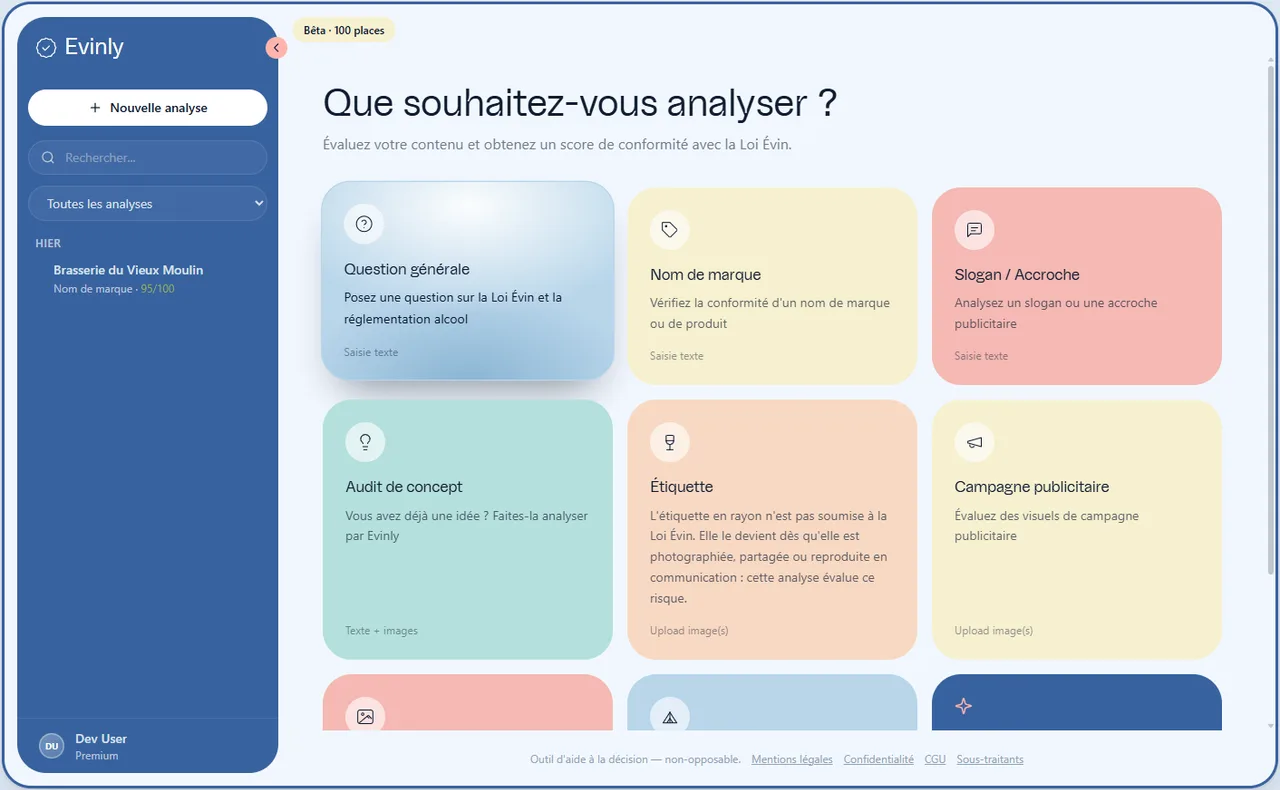 L’écran d’accueil d’Evinly : les typologies d’analyse, une tuile par type